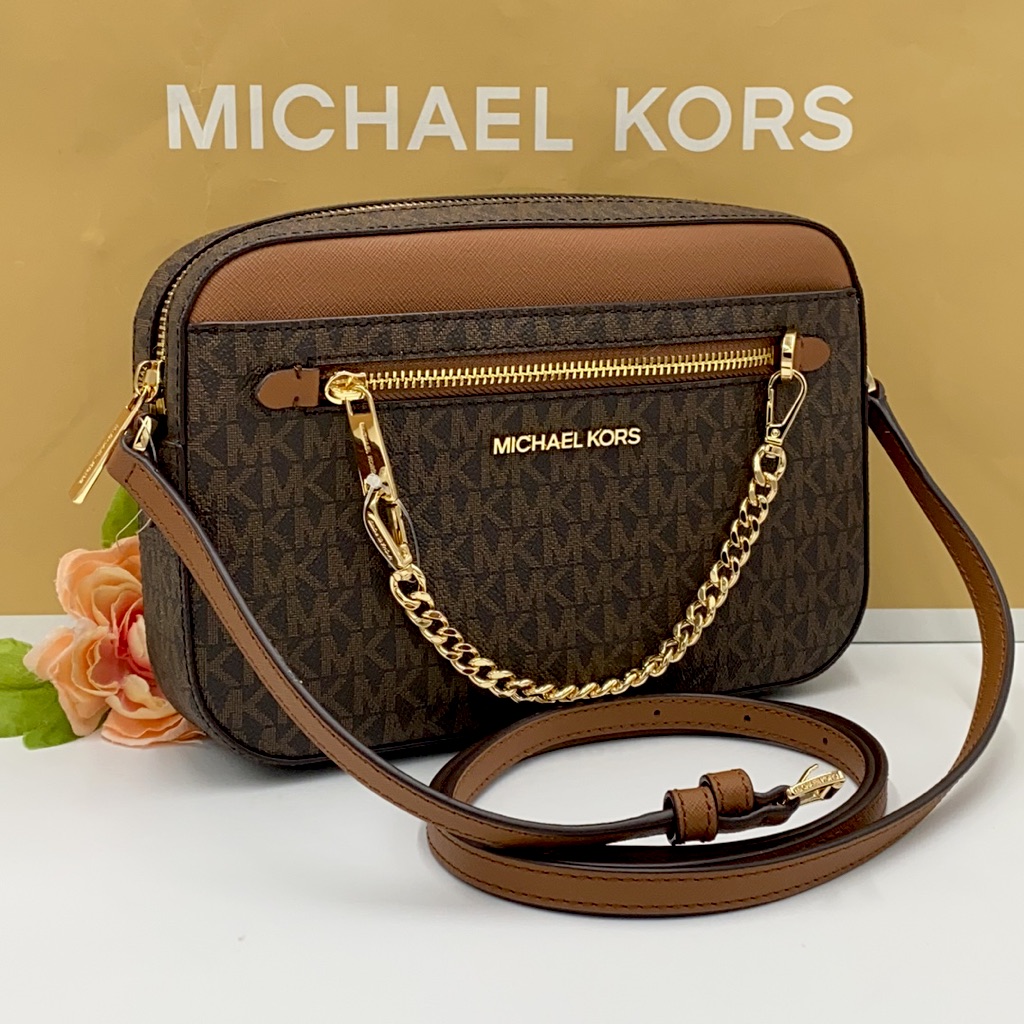 Michael Kors Lg Ew Zp Chain Xbody Brown Signature